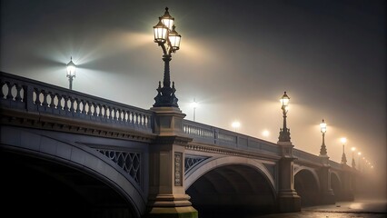 Fototapeta premium Ornate bridge lampposts illuminate a misty night sky