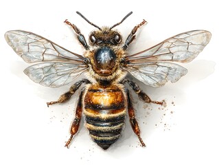 Beautiful watercolor painting depicts a detailed honeybee viewed from above on a white paper background.