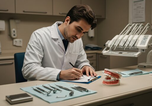 A dentist is writing notes in a dental office with tools and a teeth model.