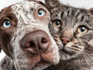 Close up captures the unique features of a spotted dog and tabby cat resting together in a studio shot.