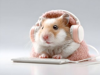 A cute hamster wea headphones and a pink sweater is using a tiny computer keyboard on a white surface.