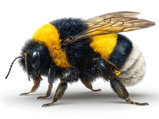 A striking close up of a bumblebee shows intricate details of its furry body against a clean white backdrop.