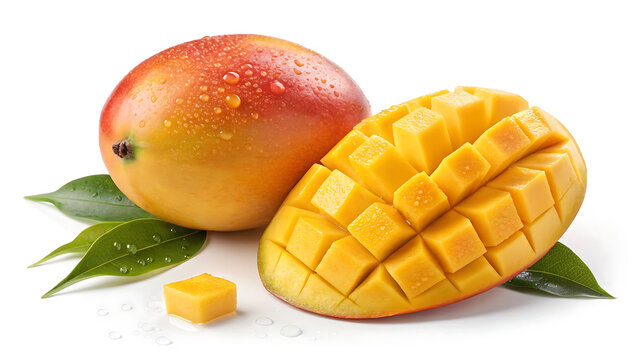 Ripe mango fruit with water droplets and cubed flesh on white background with green leaves