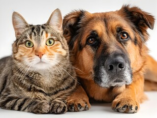 A tabby cat and a German Shepherd dog are lying close together, looking directly at the camera friendly.