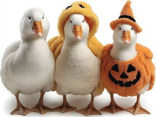 Three adorable ducks are celebrating Halloween while wea funny and cute costumes for the holiday fun.
