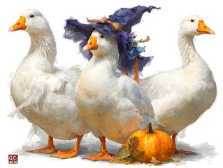 Three comical geese stand near a pumpkin, one wea a whical witch hat in an autumn scene photo.
