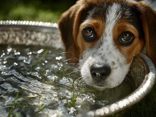 An adorable beagle puppy with soulful eyes rests its head on a silver bowl filled with refreshing water.