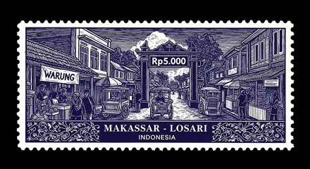 Obraz premium Vintage Makassar Losari Indonesia Stamp A Glimpse into Indonesian History and Culture