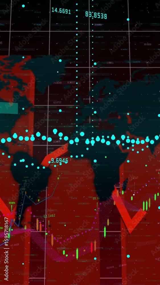 Poster visualizing global financial data, animation with graphs and world map overlay