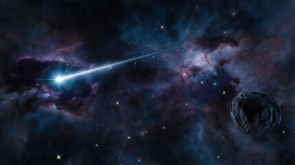 Obraz premium Exploring the cosmic landscape of a distant galaxy with a bright star and asteroid