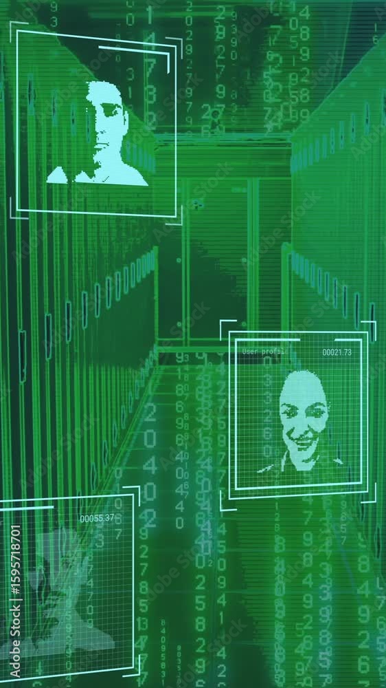 Poster Digital faces and binary code animation over green matrix-like background