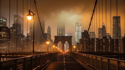 New york city skyline and brooklyn bridge at night with fog