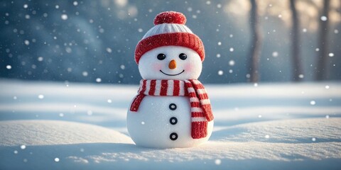 Obraz premium Smiling snowman with red hat and scarf in snowy winter landscape with falling snowflakes