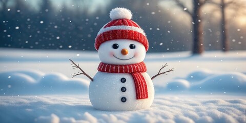 Fototapeta premium Smiling snowman with red striped hat and scarf in snowy winter landscape with falling snow