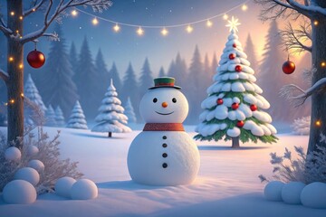 Obraz premium Snowman in winter landscape with Christmas tree ornaments and string lights festive scene