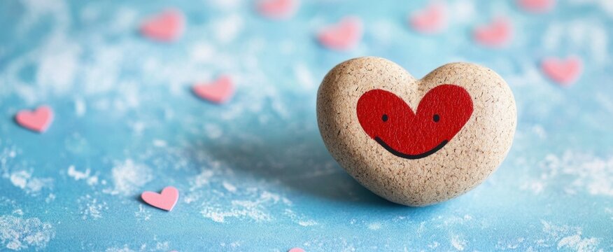 A charming heart-shaped stone featuring a red smiley face sits against a soft blue background, surrounded by small pink hearts, symbolizing love and joy.