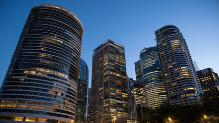 Obraz premium City skyline illuminated at dusk with modern skyscrapers standing tall