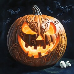 Carved Pumpkin with Bats, and Halloween Night.