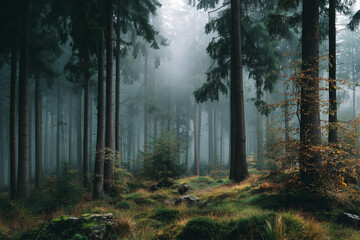 Fototapeta premium Misty Forest with Sunlight Filtering Through