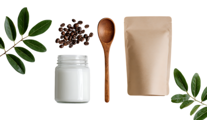 Coffee beans, milk, and a paper bag for branding mock-up. Flat lay of a top view of a blank packaging template on an isolated backdrop. A white glass jar, a wooden spoon, and green leaves nearby.