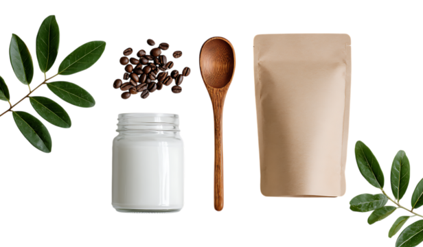 Coffee beans, milk, and a paper bag for branding mock-up. Flat lay of a top view of a blank packaging template on an isolated backdrop. A white glass jar, a wooden spoon, and green leaves nearby.