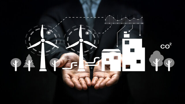 Hands Holding Renewable Energy Icons with Graphs and Buildings Showcasing Sustainable Development and Environmental Protection Concepts - Powered by Adobe