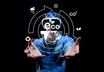 Eco-Friendly Virtual Reality: A Person Engaging with Environmental Technology Concepts Through VR Headset in Dark Background