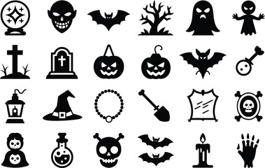 Collection of halloween icons and symbols silhouette