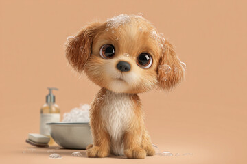 Adorable puppy with shampoo and bubbles