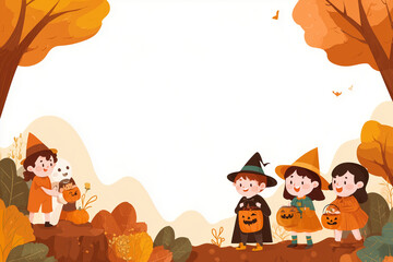 Children in Halloween Costumes in Autumn Forest