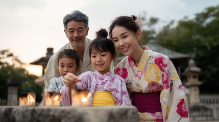 Fototapeta premium Golden hour joy at shrine lantern lighting