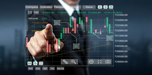 Businessman using digital interface for stock market analysis and trading, finger pointing at...