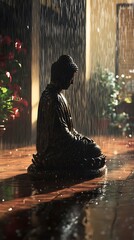 Buddha statue with rain, temple, and peace.