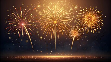 Golden fireworks exploding in the night sky with sparkles