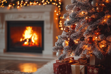 fireplace with christmas tree and decorations