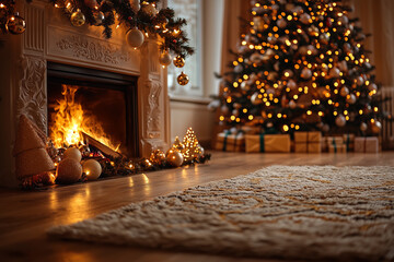 fireplace with christmas tree and decorations