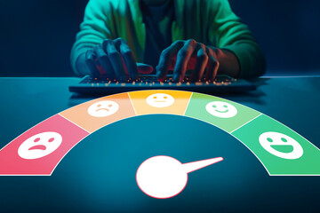 Focused individual typing on a keyboard with a colorful emotional feedback gauge glowing in the...