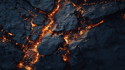 Glowing Lava Cracks on Dark Volcanic Rock Surface