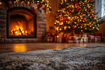 fireplace with christmas tree and decorations