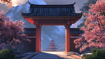 Asian temple gate with mountains, and spring.