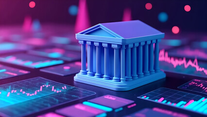 Miniature neoclassical bank building placed on financial documents, blurred background showing glowing stock market charts and candlestick graphs, concept of finance, economy, and banking system