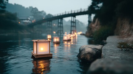 Glowing lanterns drift under old bridge at twilight