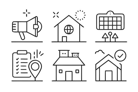 Clean minimalist grid of real estate icons silhouette