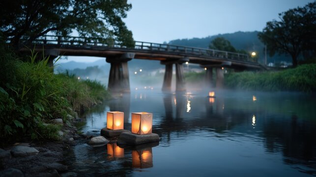 Peaceful river sunset with floating lantern procession