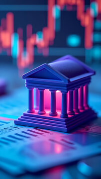 Miniature neoclassical bank building placed on financial documents, blurred background showing glowing stock market charts and candlestick graphs, Vertical image