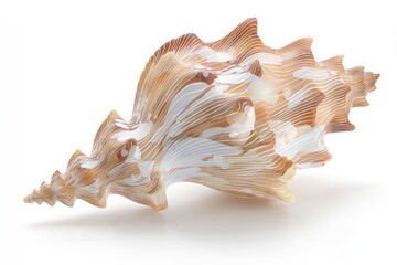 Obraz premium A highly detailed sea shell with brown white patterns set on a reflective surface with a white backdrop