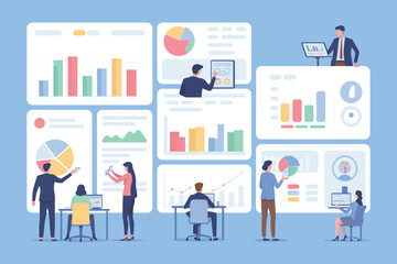 Obraz premium Illustration of business team analyzing data charts and graphs on multiple screens in a light blue setting