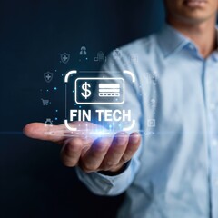 Man holds digital FinTech card displaying dollar symbol and online payment options in hand
