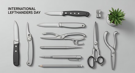 International Left Handers Day composition featuring various tools and writing instruments laid out on a light gray surface, including knives, scissors, plie...