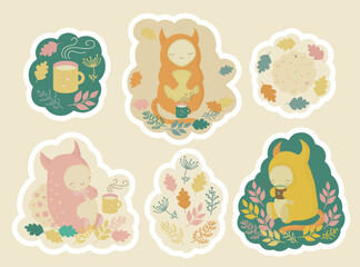 Set of cartoon stickers featuring friendly funny monsters, mugs of tea, hot chocolate or cocoa, and cookies. The cute characters are enjoying a tea party, cozy autumn picnic.